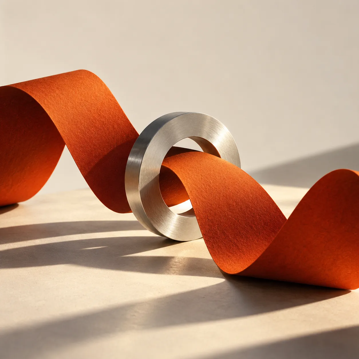 An orange paper ribbon passing through a silver ring. Conceptual Daywire cover art.
